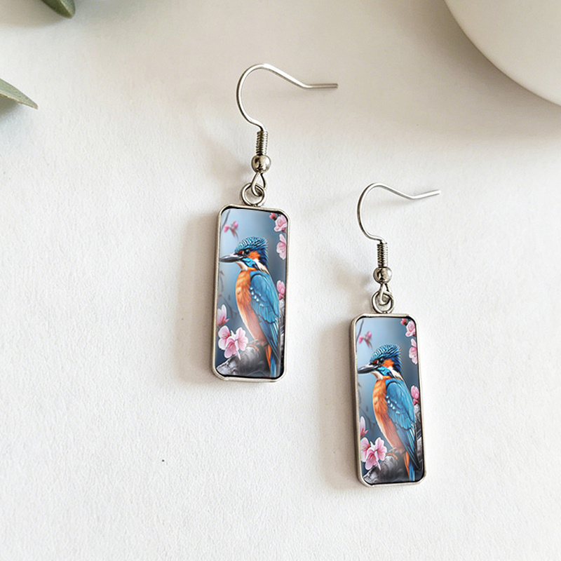 Kingfisher Pink Cherry Blossom Rectangular Glass Cabochon Dangle Earrings